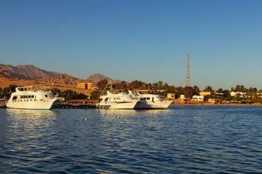 Dahab, Mısır-Ocak 06, 2019: Dahab limanda palamarla beyaz yolcu gemilerine. Kızıl deniz manzara güzel sahil şeridi ve arka plan Dağları ile.