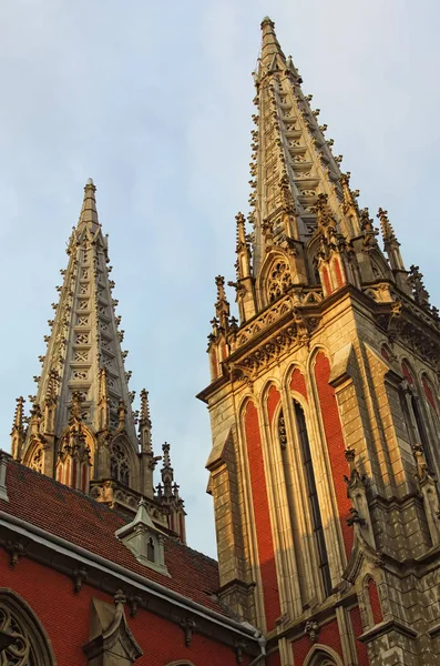Concepto de estilo gótico en arquitectura. Dos torres de la Catedral Católica Romana de San Nicolás (House of Organ Music) durante el amanecer de primavera. Kiev, Ucrania —  Fotos de Stock