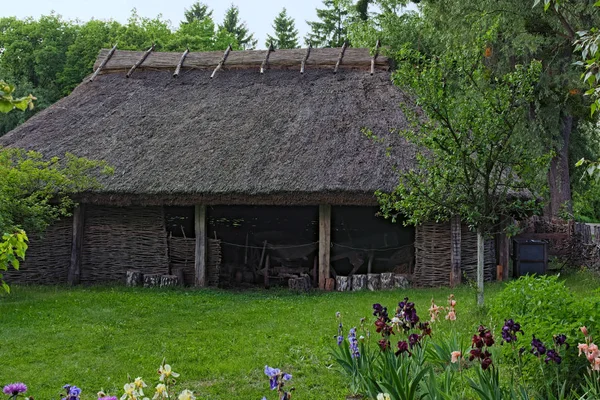 Cour avant avec abri ukrainien typique. Utilisé pour stocker des véhicules et d'autres choses. Paysage rural. Les sites et l'histoire de l'Ukraine. Musée Pereyaslav-Khmelnitsky d'architecture et de vie folkloriques — Photo