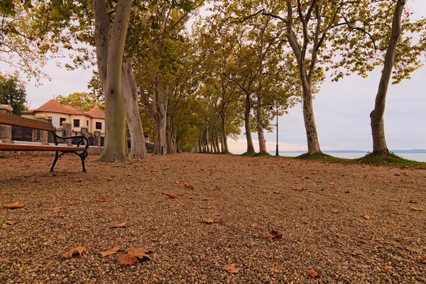 Atemberaubende Landschaftsaufnahme des Plattensees bei Sonnenuntergang. schöne Platanenallee ist ein berühmter touristischer Ort und romantisches Reiseziel. balatonfoldvar, ungarisch — Stockfoto