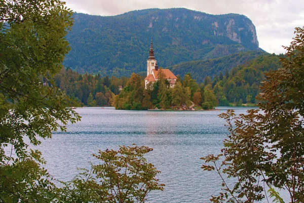 Krásná přírodní krajina Bled Lake s tyrkysovou vodou. Kostel Nanebevzetí Panny Marie na malém ostrově. Úžasné hory v pozadí. Ohraničení listů stromů. Přirozený rám. Bled, Slovinsko — Stock fotografie