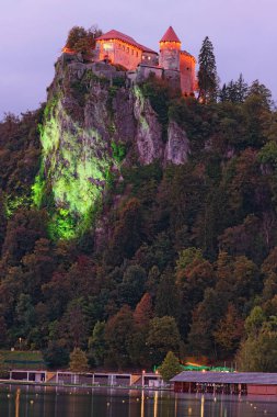 Aydınlanmış Kanlı Kale 'nin gizemli akşam manzarası. Kale, Slovenya 'nın Bled kentinde Bled Gölü' ne bakan bir uçurum üzerine inşa edildi. Slovenya 'nın kuzeybatısındaki Yukarı Carniolan bölgesi