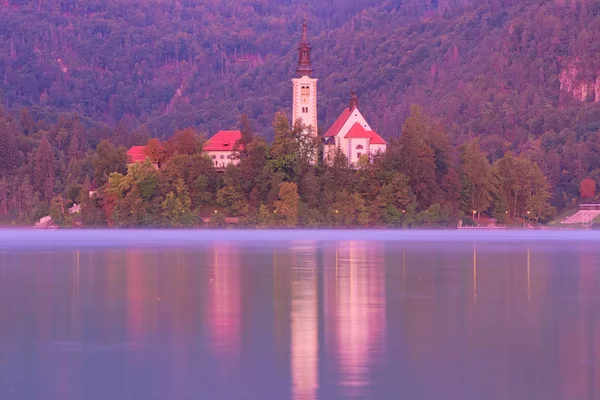 Majestic reggeli táj zarándoklat templom Nagyboldogasszony a kis szigeten és Bled-tó kis köd. Templom tükröződés a vízben. Bled-tó, Felső-Carniolan régió, Szlovénia — Stock Fotó