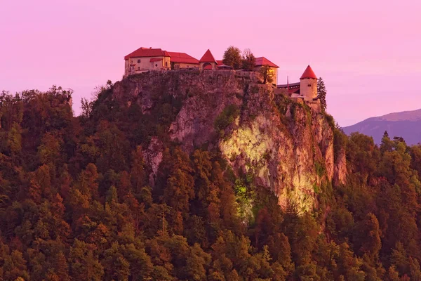 Pintoresca foto de paisaje del Castillo de Bled en la cima de la roca durante el amanecer. Es un castillo medieval construido en un precipicio sobre la ciudad de Bled en Eslovenia, con vistas al lago Bled — Foto de Stock