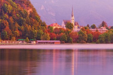 Bled Gölü 'nde sonbahar sabahı. St. Martin Kilisesi suya yansıdı. Güneşin ilk ışınları manzarayı aydınlatır. Bled Lake, Slovenya 'nın kuzeybatısındaki Yukarı Carniolan bölgesi.