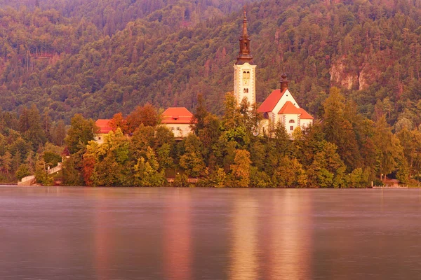 Pittoresca vista mattutina sul lago di Bled e sulla chiesa dell'Assunzione di Maria su una piccola isola contro la foresta autunnale. Famoso luogo turistico e romantica destinazione turistica in Slovenia — Foto Stock