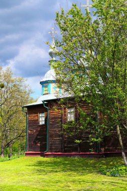 Yeşil ağacın arkasına gizlenmiş antik ahşap kilisenin resimli manzarası. Arka planda yaşlı ağaçlar var. Manzara ve doğa kavramı. Antik Ukrayna 'nın tarihi binaları kavramı.