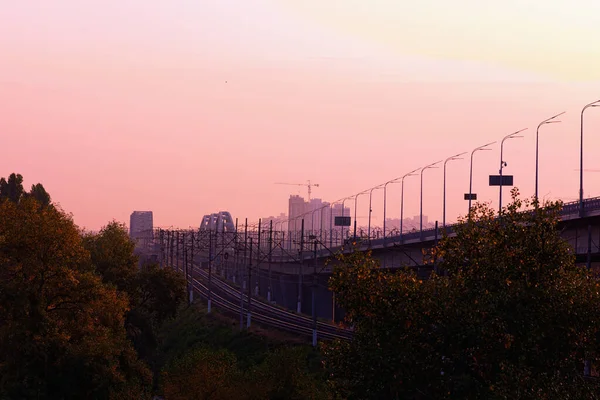 Nouveau Pont Darnytskyi Est Pont Routier Ferroviaire Combiné Kiev Sur — Photo