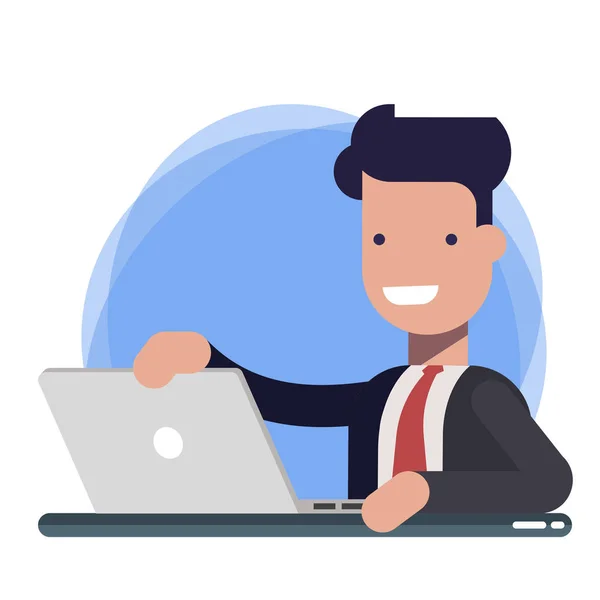 Personaje de hombre de negocios trabajando en el portátil. Persona masculina en traje negro sonriendo mientras usa su computadora personal. Vector moderno diseño plano ilustración aislada . — Vector de stock