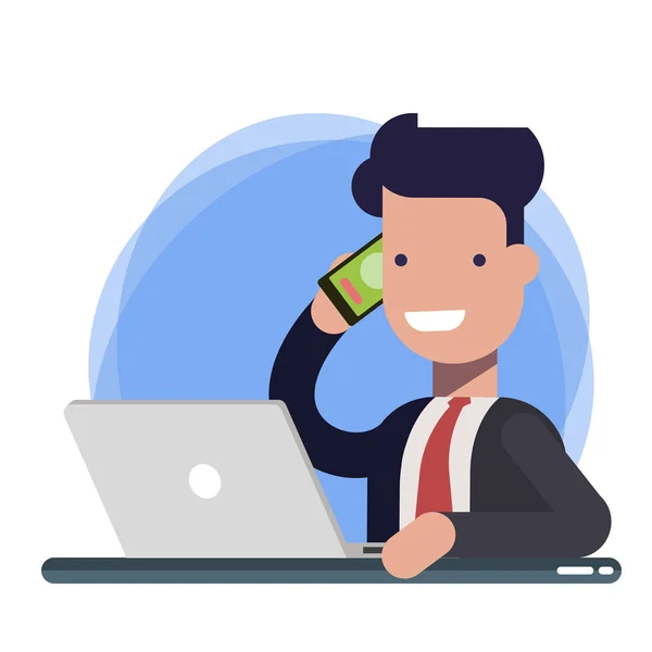 Homme souriant parlant sur un téléphone portable tout en utilisant un ordinateur portable au bureau dans le bureau. Homme d'affaires, support ou directeur des ventes lors de la communication avec le client . — Image vectorielle