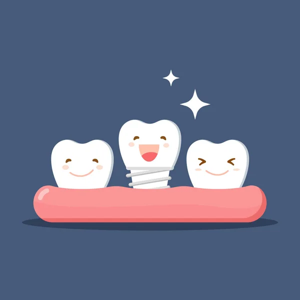 वेक्टर कार्टून सफेद दांत दांत दांत या दंत प्रत्यारोपण से खुश हैं। मुख गुहा में बहाली दंत चिकित्सा के विषय पर सपाट चित्रण। अलग वेक्टर . — स्टॉक वेक्टर