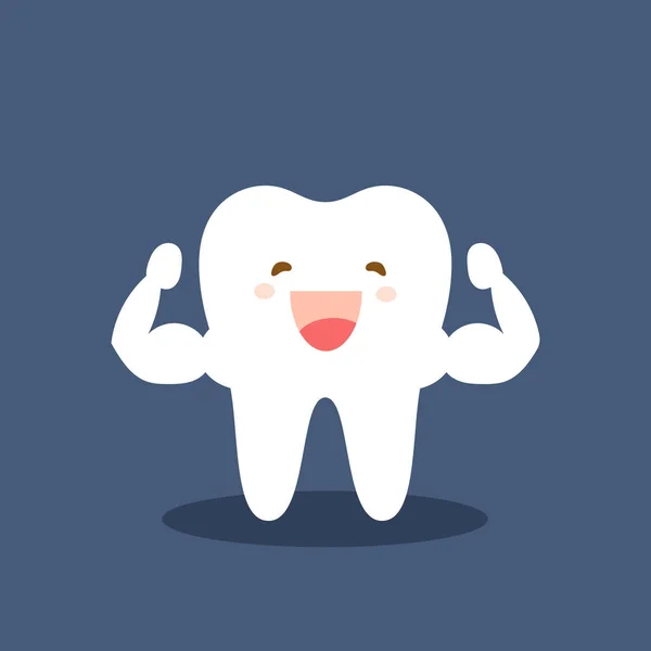 Single white and very strong muscle healthy tooth. Strong happy healthy white tooth character. Vector flat cartoon illustration icon design. Isolated on dark background. — Stock Vector