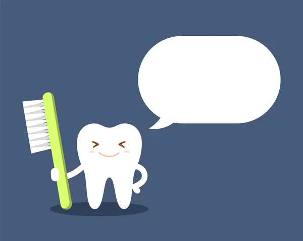 Zdravé kreslený zubu kartáčkem vypráví o významu ústní hygieny. Bílé zuby bez kazů. Plochá vektorové ilustrace izolované na tmavém pozadí. — Stockový vektor
