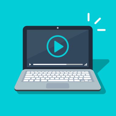 Dizüstü ekran video Player simgesi. Düz çizgi film kitle iletişim araçları oyuncu sembolü izole imge. Vektör çizim.