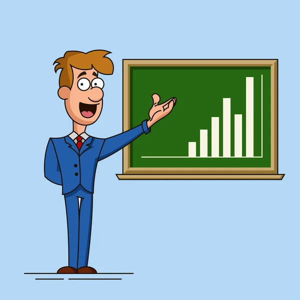 Jovem empresário aponta para um gráfico de crescimento desenhado em um conselho escolar. Ilustração em estilo cartoon . — Vetor de Stock