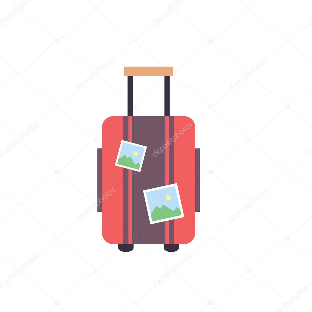 Travel suitcase wiht stickers - travel luggage icon - flat vector illustration isolated on white background.