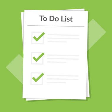 Simge kavramı listelemek için. Tüm görevler tamamlandığında. İşaret tasarım planlama. Kağıt sayfalarının onay işareti ile. Vektör düz illüstrasyon izole mavi arka plan üzerinde.