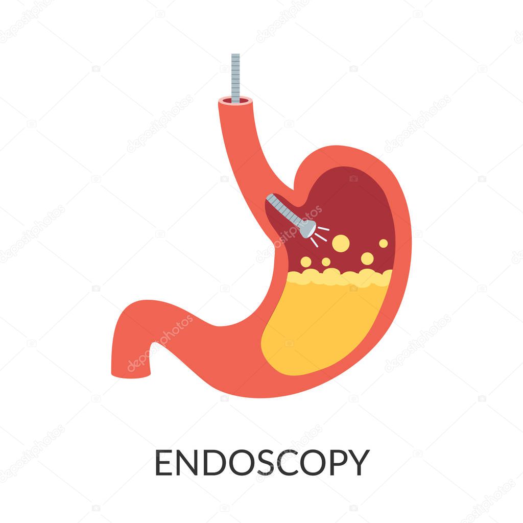 Stomach endoscopy vector icon. Gastroscopy logo symbol idea. Flat cartoon endoscope in stomach through esophagus.
