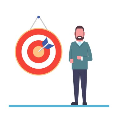 Bir amaç ya da başarı elde kavramı. Bir okla vurdu hedef yakın duran adam. Görevin tamamlanması. Düz vektör illüstrasyon izole.