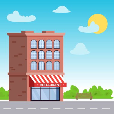 Bina bir restoran veya bir mağaza ile mavi gökyüzü karşı birinci katta. Düz vektör çizim.