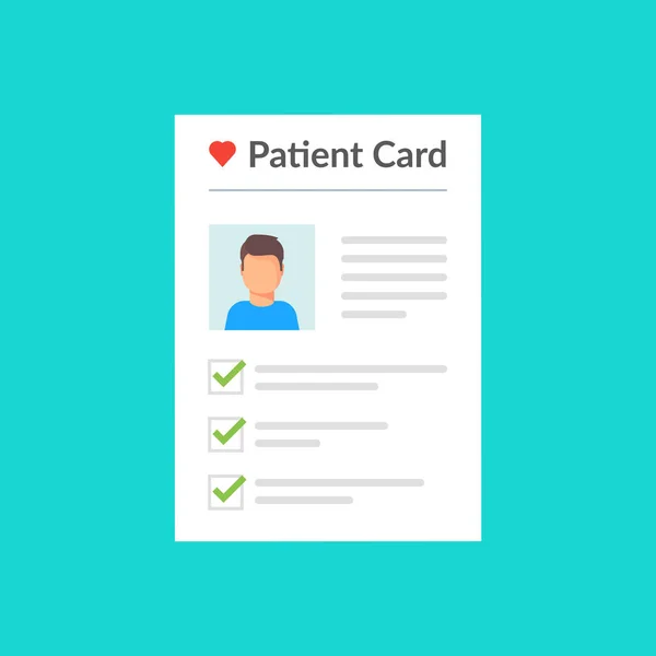 Patient card. Healthy diagnosis. Medical record paper document with patient health information. Concept of good results of health check up. Flat vector illustration isolated on color background. — Stock Vector