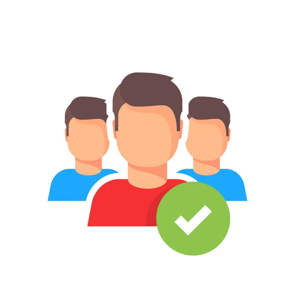 People group with checkmark icon, success partnership symbol, united membership or verified unity, friendship or family support sign, flat cartoon team union logo, connection image. — Stock Vector