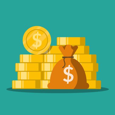 Altın sikke yığını ile vektör düz para çantası. İllüstrasyon izole yeşil arka plan üzerinde.