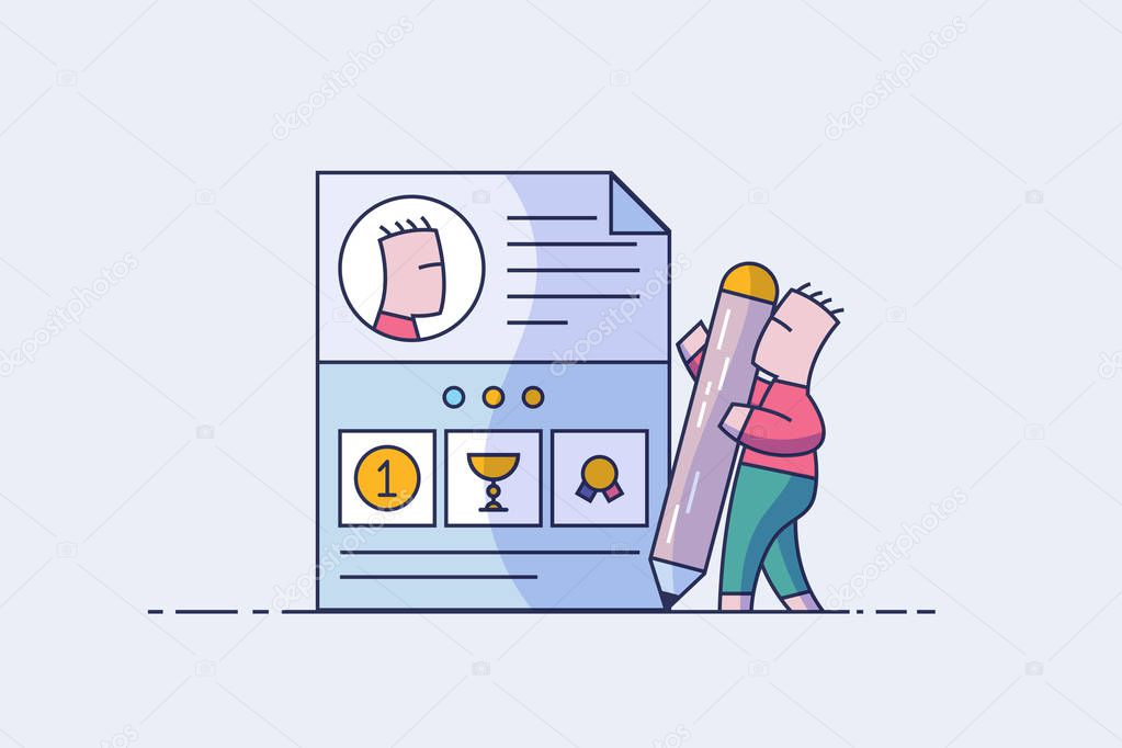 Process of writing or create resume concept. Man with pencil is preparing to search for new job. Line style vector illustration.