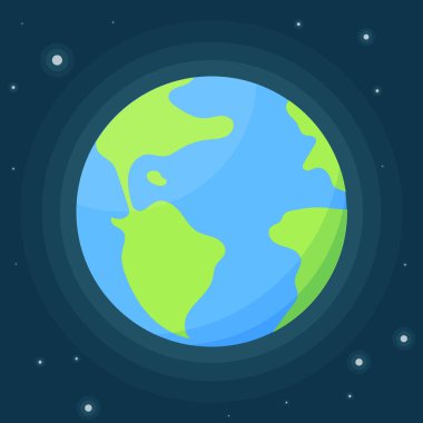 Yıldızlı gökyüzü karşı bir atmosfere sahip Dünya gezegeni. Düz stil vektör çizim.