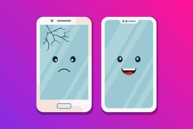 Eski kırık telefon ile kırık ekran ve temiz yeni bir akıllı telefon. Karşılaştırma eski ve yeni teknolojiler. Güncelleştirme aygıt. Düz vektör çizim.