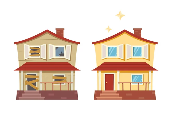 Casa antes e depois do reparo. Velha casa run-down remodelado em bonito casa de campo suburbana tradicional. Isolado ilustração vetorial, estilo cartoon plana . — Vetor de Stock