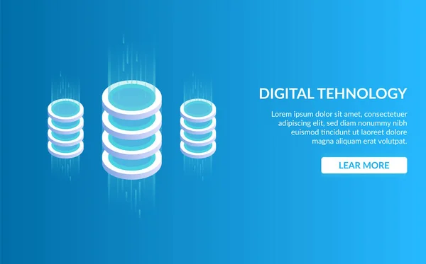 Tehnologie didgitale. Concept de traitement de données volumineuses, station énergétique du futur, rack de salle de serveurs, centre de données. Illustration vectorielle isométrique . — Image vectorielle