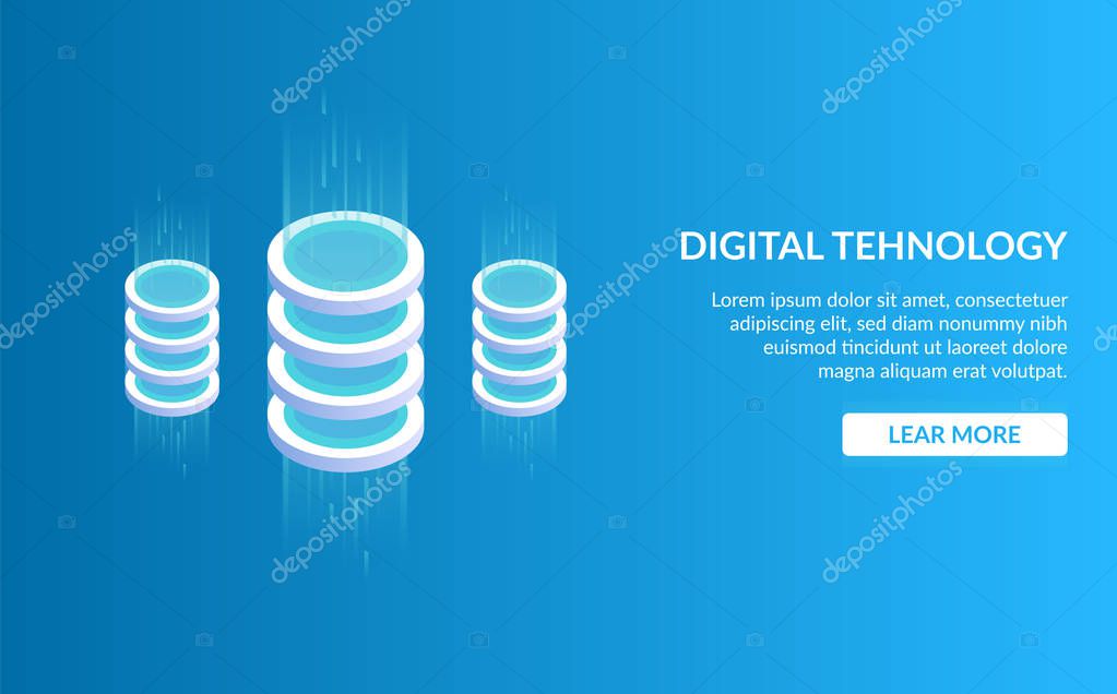 Didgital tehnology. Concept of big data processing, energy station of future, server room rack, data center. Isometric vector illustration