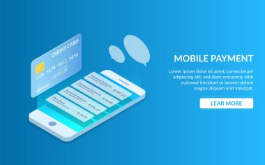 Hareket eden telefon ya da kredi kartı ile ödeme. Mali smartphone ekranda izlemek. Finansal işlemler. Modern vektör çizim izometrik stil mavi zemin üzerine.