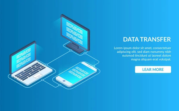 The process of synchronizing data between a laptop, mobile phone and PC. Transfer data between different devices. Modern vector illustration isometric style on blue background. — Stock Vector