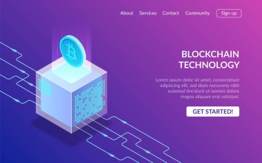 Cryptocurrency ve Blockchain kavramı. Çiftlik için araştırma bitcoins. Dijital para piyasası, yatırım, finans ve ticaret. Web tasarım, afiş ve sunum için mükemmel. İzometrik vektör çizim.