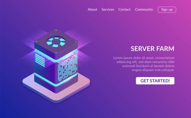 Cryptocurrency ve blockchain bileşimi. Büyük veri işleme, enerji istasyonu gelecek, sunucu Oda raf, veri merkezi. Ultraviyole arka plan üzerinde modern illüstrasyon izometrik stili.