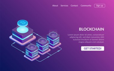 Cryptocurrency ve Blockchain kavramı. Çiftlik için araştırma bitcoins. Dijital para piyasası, yatırım, finans ve ticaret. Web tasarım, afiş ve sunum için mükemmel. İzometrik vektör çizim.
