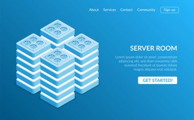 İzometrik sunucu odası ve büyük veri işleme kavramı, datacenter ve veri tabanı simgesi, dijital bilgi teknolojisi. Modern illüstrasyon mavi zemin üzerine izometrik stili.