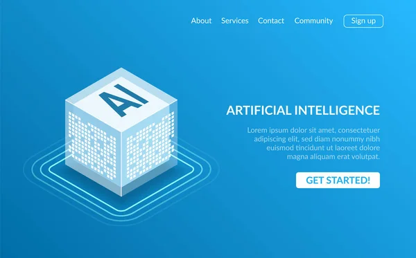 Yapay zeka simgesi AI, izometrik bulut bilgi işlem kavramı, veri madenciliği, izometrik, neural ağ, makine programlama. Modern illüstrasyon mavi zemin üzerine izometrik stili.