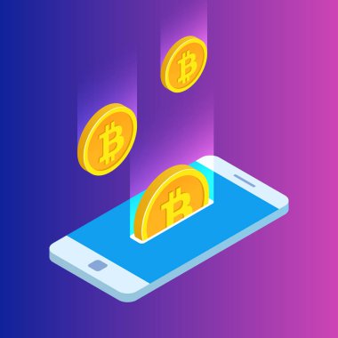 Bitcoins altın yağmuru ile akıllı telefon. Bitcoin para birimi ile para iş. 3D vektör tasarımı. Modern illüstrasyon izometrik stili.