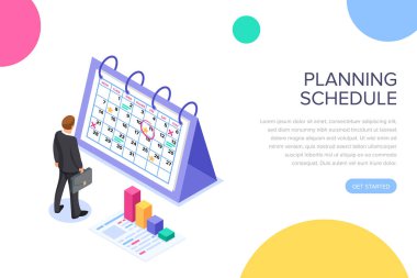 Zamanlama kavramı afiş karakterlerle planlama. Beyaz arka plan üzerinde izole düz izometrik vektör çizim. Web afiş, infographics, kahraman görüntüleri için kullanabilirsiniz.