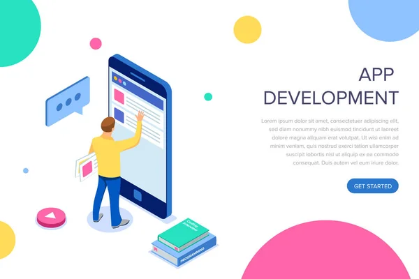 Разработка приложений. Изометрический бизнесмен, использующий цифровые устройства. Прикосновение к экрану смартфона. Интерфейс технологии глобального подключения. Шаблон страницы посадки . — стоковый вектор