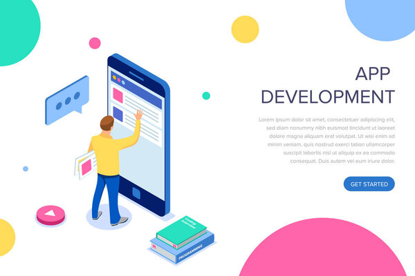App development. Isometric Businessman Using Digital Devices. Touching the screen smartphone. Worldwide connection technology interface. Landing page template.