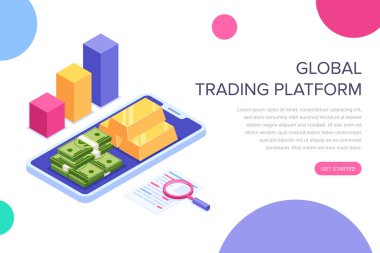 Küresel ticaret platformu ya da finansal yönetim kavramı. Web afiş, infographics, kahraman görüntüleri için kullanabilirsiniz. Beyaz arka plan üzerinde izole düz izometrik vektör çizim.