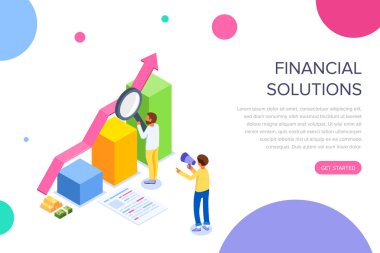 Finansal çözüm kavramı karakterlerle. Web afiş, infographics, kahraman görüntüleri için kullanabilirsiniz. Beyaz arka plan üzerinde izole düz izometrik vektör çizim.