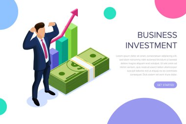 İş yatırım kavramı karakterlerle. Web afiş, infographics, kahraman görüntüleri için kullanabilirsiniz. Beyaz arka plan üzerinde izole düz izometrik vektör çizim.