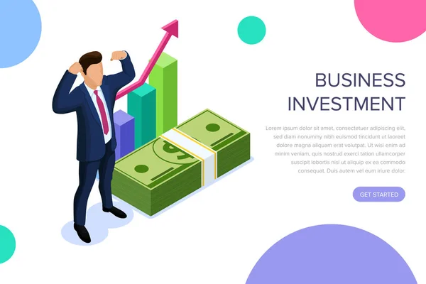 文字でビジネス投資概念。Web バナー、インフォ グラフィック、ヒーローのイメージを使用できます。白い背景で隔離のフラット等尺性ベクトル図. — ストックベクタ
