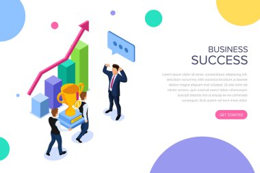 İş kavramı karakterlerle başarı veya ekip çalışması. Web afiş, infographics, kahraman görüntüleri için kullanabilirsiniz. Beyaz arka plan üzerinde izole düz izometrik vektör çizim.