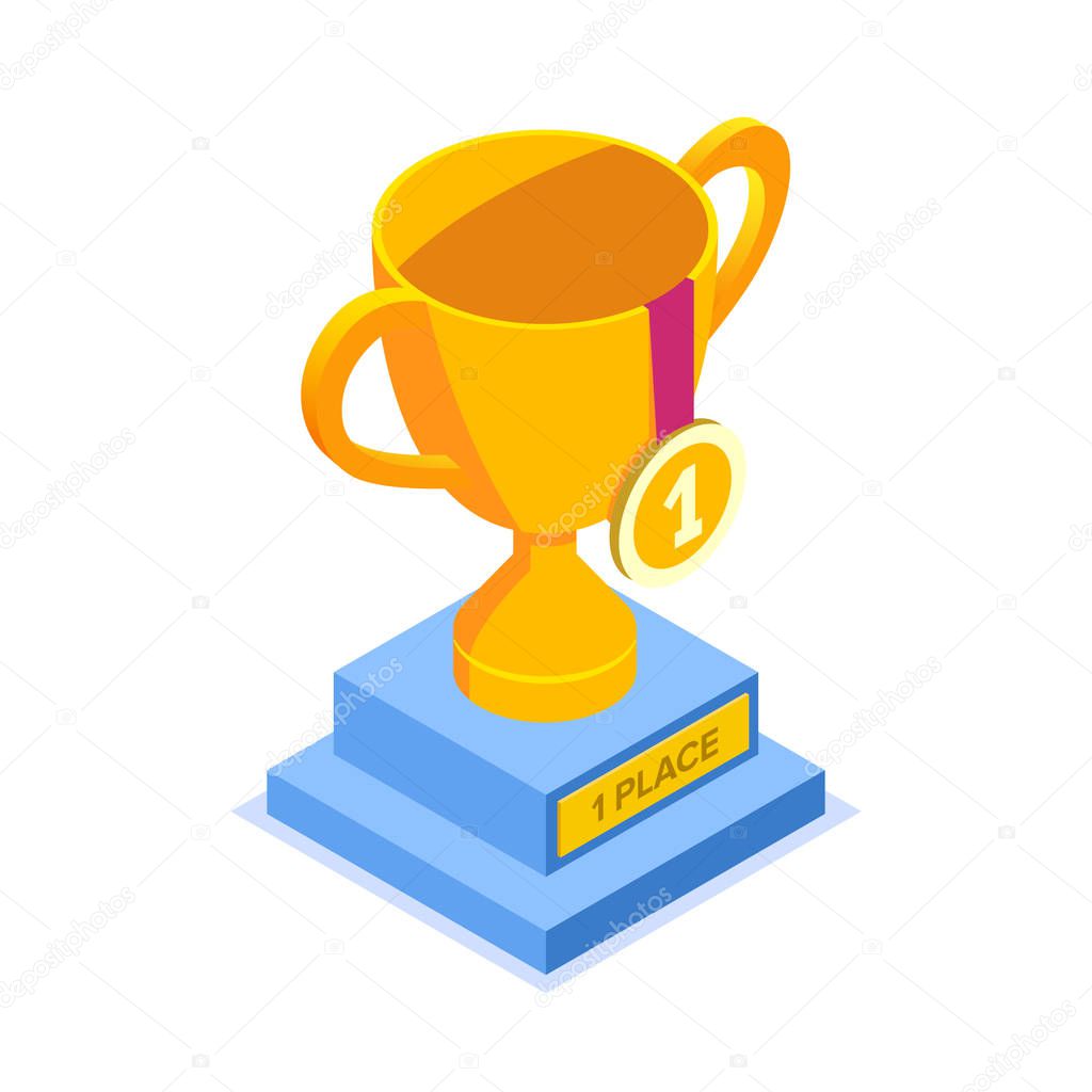 Gold cup with a medal for first place. Flat isometric illustration isolated on white background.